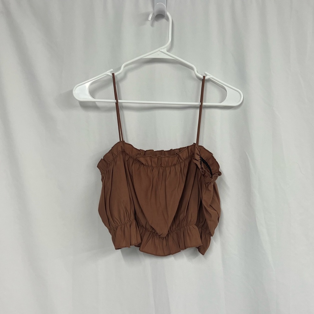 Brown Ruffle Detail Spaghetti Strap Crop Top